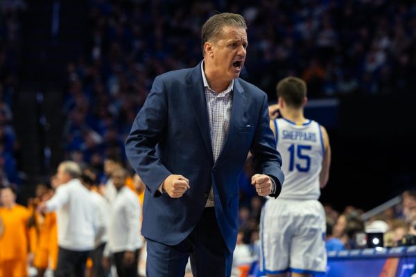 Kentucky head coach John Calipari reacts to a play during the Kentucky vs. Tennessee mens’s basketball game on Wednesday, Feb. 3, 2024, at Rupp Arena in Lexington, Kentucky. Kentucky lost 103-92. Photo by Isaiah Pinto | Staff