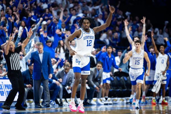 Kentucky guard Antonio Reeves (12) celebrates after hitting a three during the No. 17 Kentucky vs. Gonzaga men’s basketball game on Saturday, Feb. 10, 2024, at Rupp Arena in Lexington, Kentucky. Kentucky lost 89-85. Photo by Samuel Colmar | Staff
