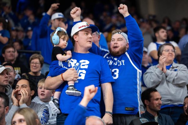 Kentucky fans cheer after a timeout is called during the Kentucky vs Vanderbilt mens basketball game on Tuesday, Feb. 6, 2024, at Memorial Gymnasium in Nashville, Tennessee. Kentucky won 109-77. Photo by Samuel Colmar | Staff