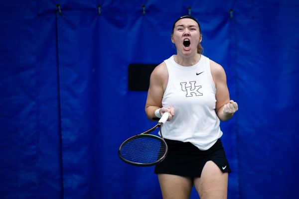 Kentucky senior Elizabeth Stevens celebrates after winning a point during the Kentucky vs Wichita State women's tennis match on Friday, Feb. 9, 2024, at the Hilary J. Boone Tennis Complex in Lexington, Kentucky. Kentucky won 5-2. Photo by Samuel Colmar | Staff