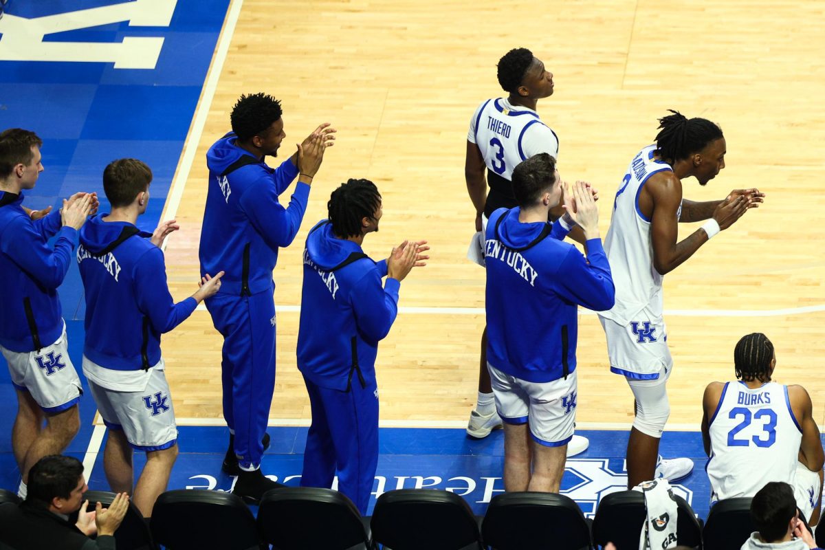 The Kentucky bench cheers during the Kentucky vs. Florida mens’s basketball game on Wednesday, Jan. 31, 2024, at Rupp Arena in Lexington, Kentucky. Kentucky lost 94-91. Photo by Abbey Cutrer | Staff