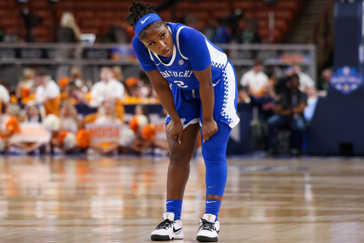 Kentucky guard Saniah Tyler listens for instructions during the Kentucky vs Tennessee women’s basketball on Thursday, Mar. 7, 2024, at Bon Secours Wellness Arena in Greenville, South Carolina. Kentucky lost 62-76. Photo by Sydney Yonker | Staff