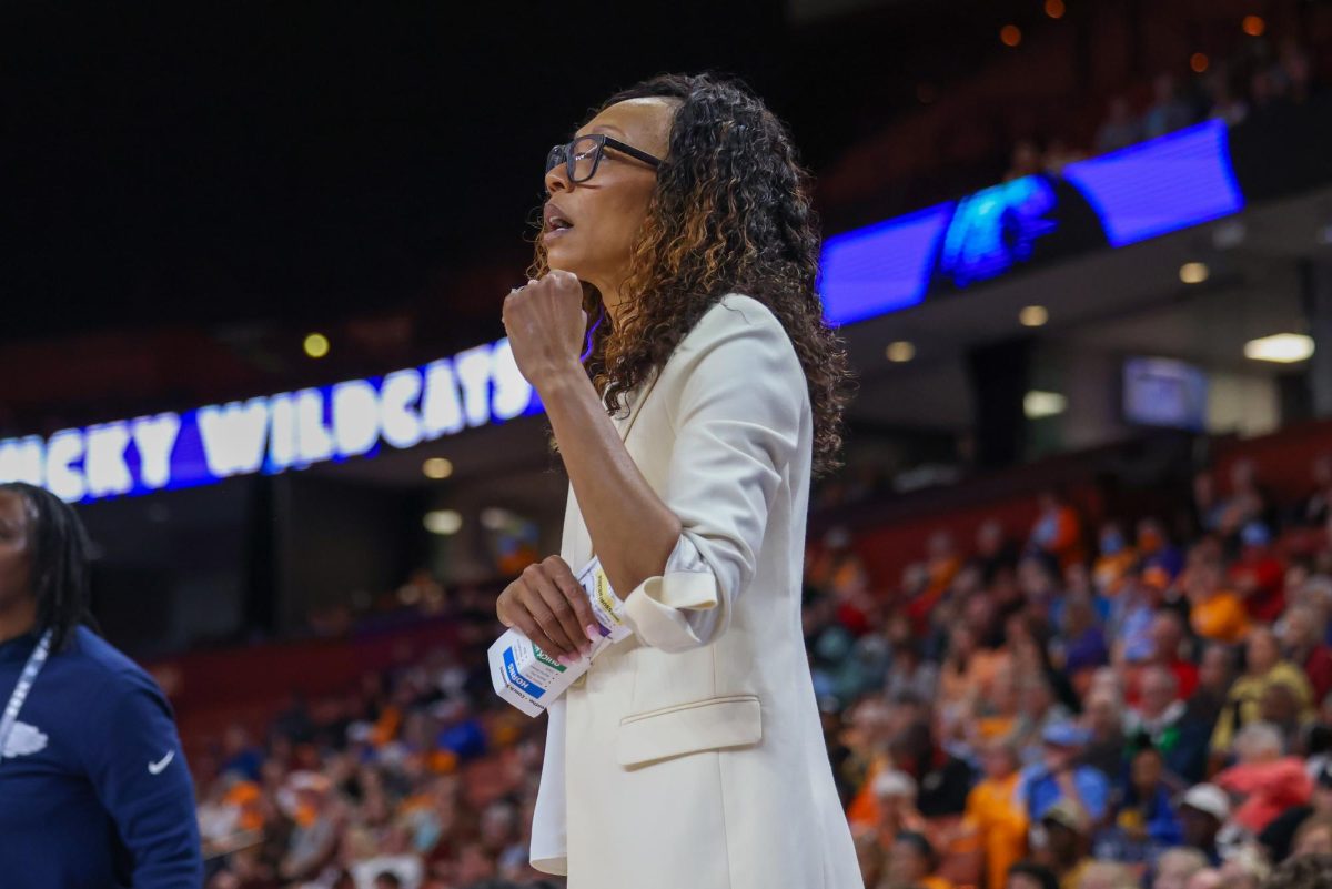 Kentucky head coach Kyra Elzy watches her team intently during the Kentucky vs Tennessee women’s basketball on Thursday, Mar. 7, 2024, at Bon Secours Wellness Arena in Greenville, South Carolina. Kentucky lost 62-76. Photo by Sydney Yonker | Staff