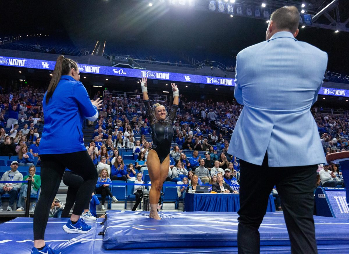 Raena Worley performs her vault routine during the No. 6 Kentucky vs No 5. Florida gymnastics meet on Sunday, March 3, 2024 at Rupp Arena in Lexington, Kentucky. Kentucky lost 198.100-198.225.