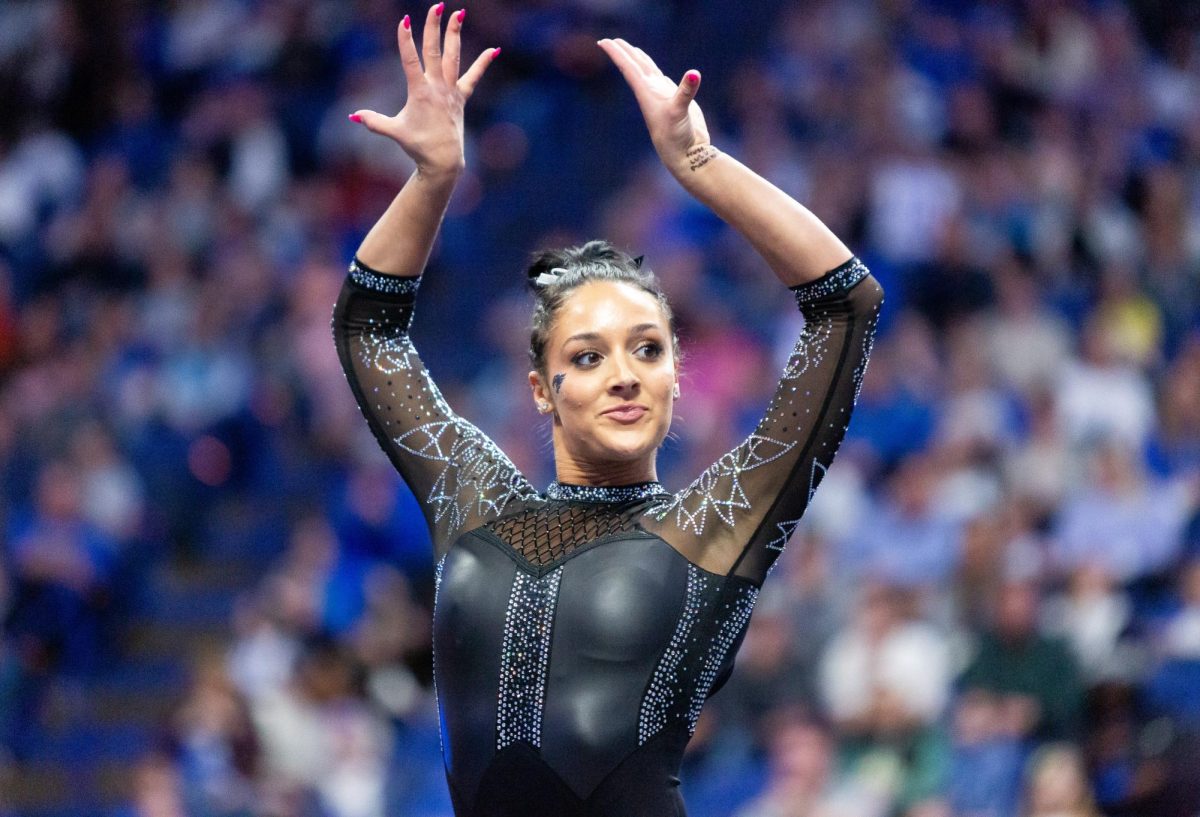Isabella Magnelli performs her floor routine during the No. 6 Kentucky vs No 5. Florida gymnastics meet on Sunday, March 3, 2024 at Rupp Arena in Lexington, Kentucky. Kentucky lost 198.100-198.225.