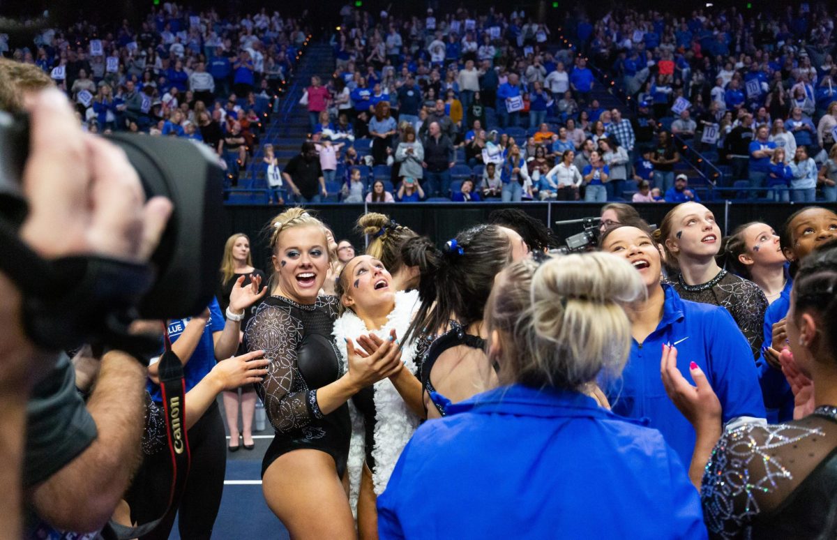 Bailey Bunn and Raena Worley react to Worleys score of 10.000 on her floor routine during the No. 6 Kentucky vs No 5. Florida gymnastics meet on Sunday, March 3, 2024 at Rupp Arena in Lexington, Kentucky. Kentucky lost 198.100-198.225.