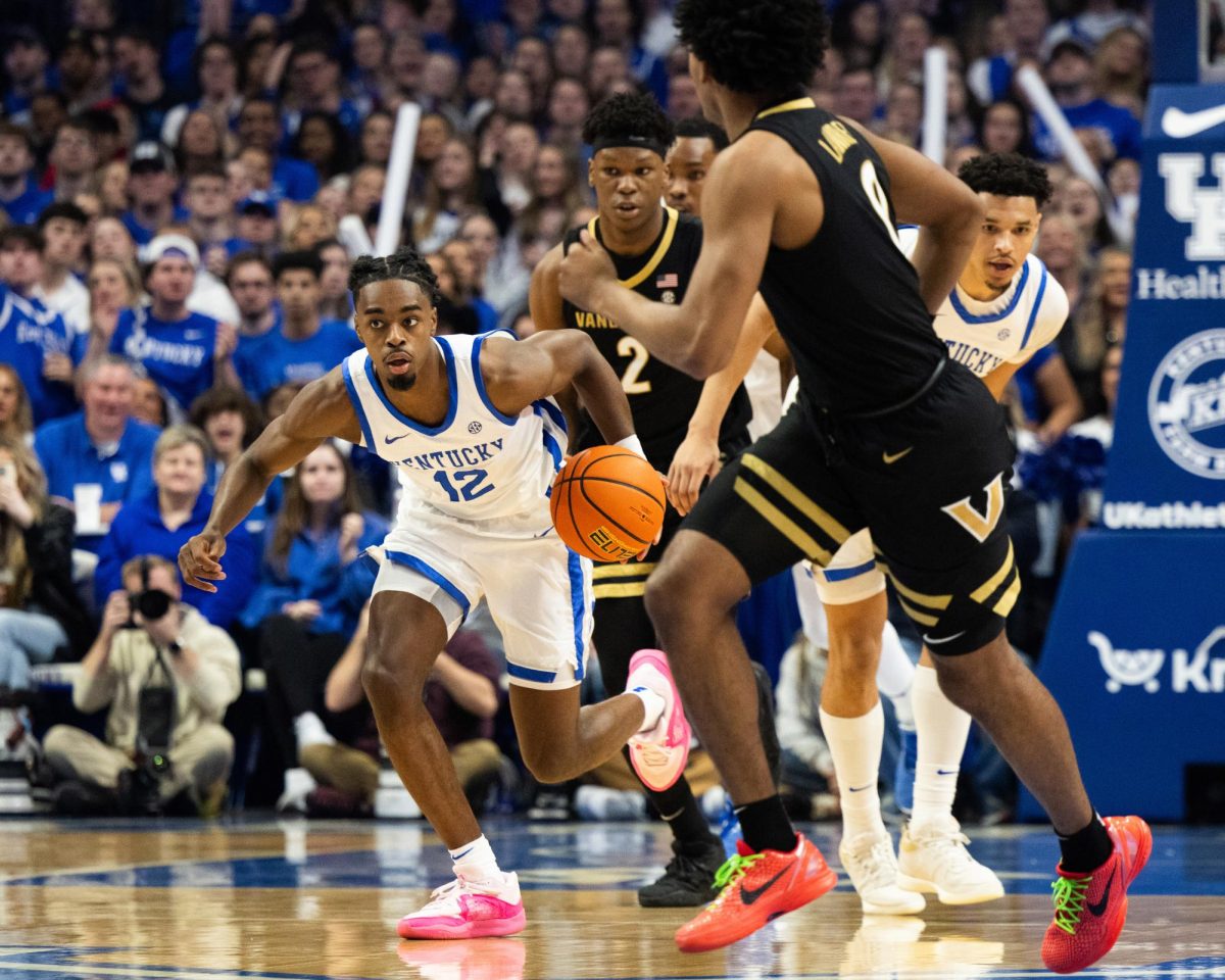 Kentucky guard Antonio Reeves dribbles the ball during the Kentucky men’s basketball game vs. Vanderbilt on Wednesday, March 6, 2024, at Rupp Arena in Lexington, Kentucky. Kentucky won 93-77. Photo by Abbey Cutrer | Staff