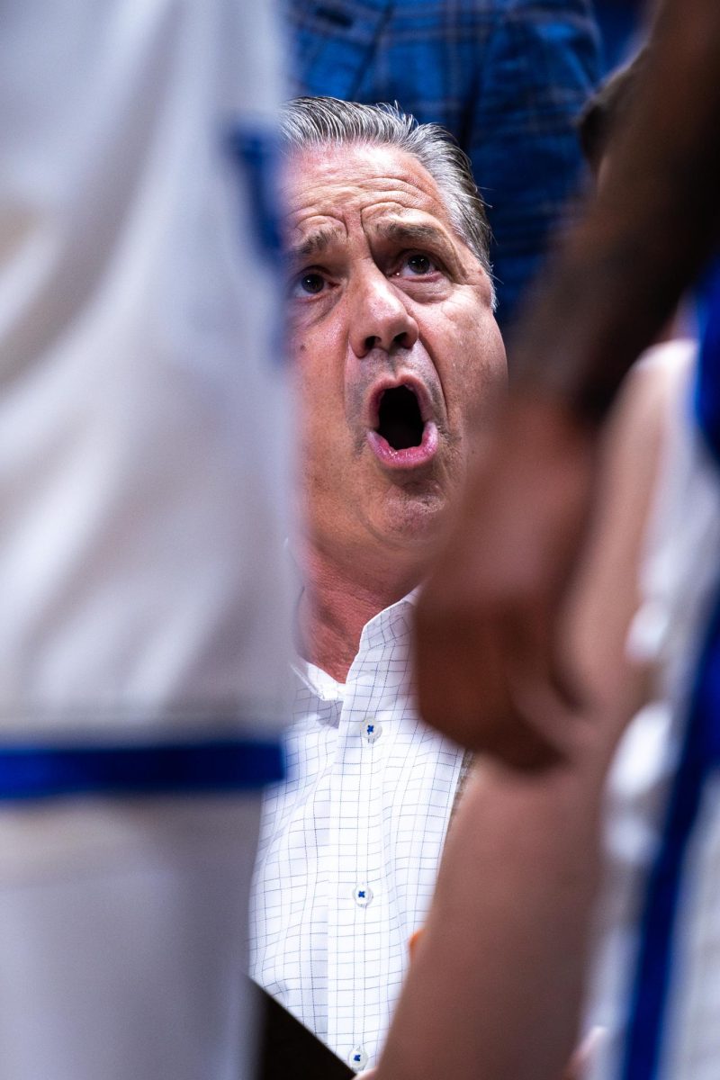 Kentucky head coach John Calipari yells at his players during a timeout during the No. 2 Kentucky vs. No. 7 Texas A&M mens basketball match in the SEC Tournament quarterfinals on Friday, March 15, 2024, at Bridgestone Arena in Nashville, Tennessee. Kentucky lost 97-87. Photo by Samuel Colmar | Staff