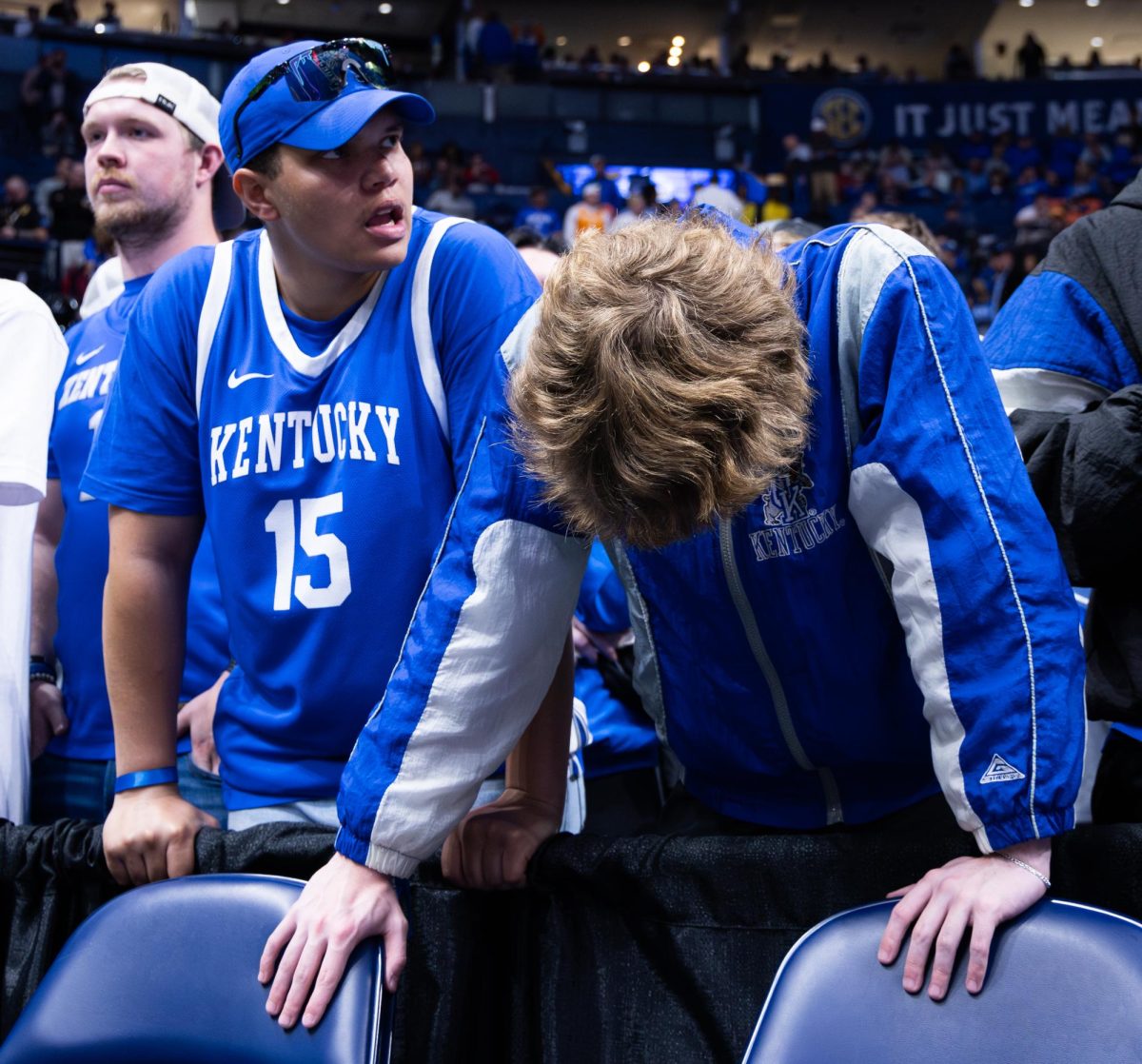 Fans+from+the+Kentucky+student+section+react+to+the+loss+after+the+No.+2+Kentucky+vs.+No.+7+Texas+A%26M+mens+basketball+match+in+the+SEC+Tournament+quarterfinals+on+Friday%2C+March+15%2C+2024%2C+at+Bridgestone+Arena+in+Nashville%2C+Tennessee.+Kentucky+lost+97-87.+Photo+by+Samuel+Colmar+%7C+Staff