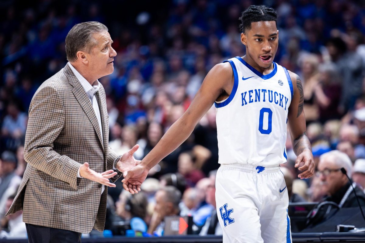 Kentucky+head+coach+John+Calipari%2C+left%2C+pleads+with+guard+Rob+Dillingham+%280%29+as+he+walks+to+the+bench+during+the+No.+2+Kentucky+vs.+No.+7+Texas+A%26M+mens+basketball+game+in+the+SEC+Tournament+quarterfinals+on+Friday%2C+March+15%2C+2024%2C+at+Bridgestone+Arena+in+Nashville%2C+Tennessee.+Kentucky+lost+97-87.+Photo+by+Samuel+Colmar+%7C+Staff