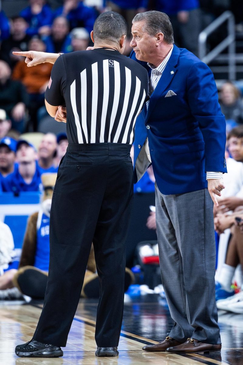 Kentucky head coach John Calipari argues with a referee during the No. 3 Kentucky vs. No. 14 Oakland mens basketball game in the first round of the NCAA Tournament on Thursday, March 21, 2024, at the PPG Paints Arena in Pittsburgh, Pennsylvania. Kentucky lost 80-76. Photo by Samuel Colmar | Staff