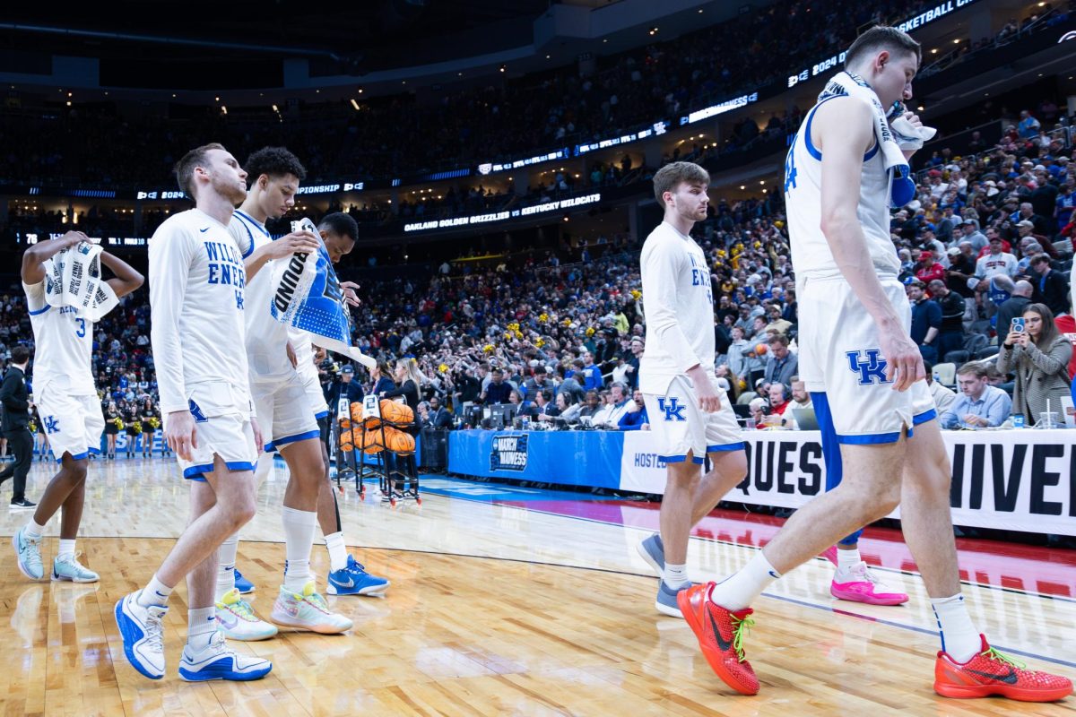 Kentucky+players+exit+the+floor+after+the+No.+3+Kentucky+vs.+No.+14+Oakland+mens+basketball+game+in+the+first+round+of+the+NCAA+Tournament+on+Thursday%2C+March+21%2C+2024%2C+at+the+PPG+Paints+Arena+in+Pittsburgh%2C+Pennsylvania.+Kentucky+lost+80-76.+Photo+by+Samuel+Colmar+%7C+Staff