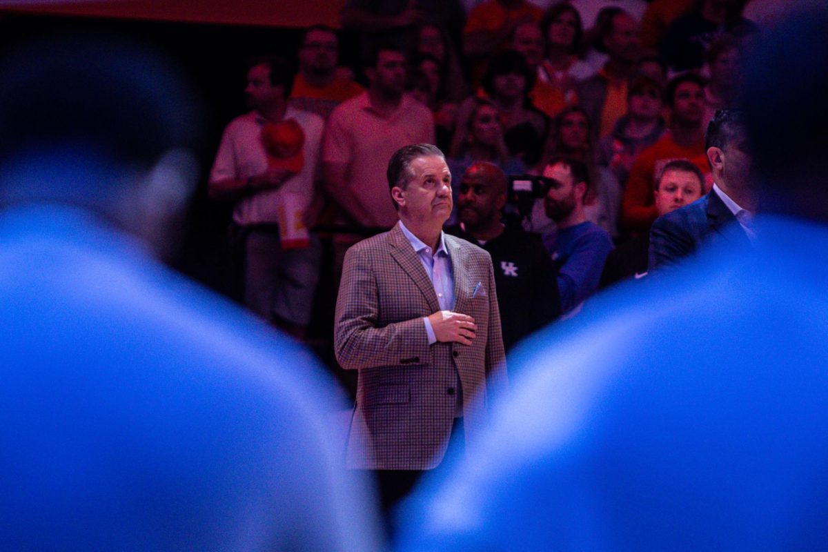 Kentucky head coach John Calipari watches on during the national anthem before the Kentucky men’s basketball game vs. Tennessee on Saturday, March 9, 2024, at the Food City Center in Knoxville, Tennessee. Kentucky won 85-81. Photo by Isaiah Pinto | Staff