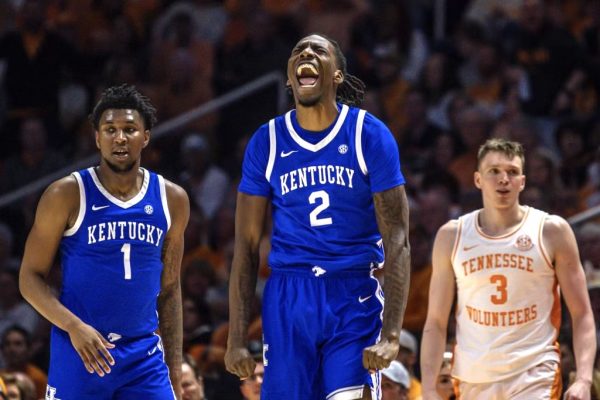 Kentucky forward Aaron Bradshaw yells in excitement during the Kentucky men’s basketball game vs. Tennessee on Saturday, March 9, 2024, at the Food City Center in Knoxville, Tennessee. Kentucky won 85-81. Photo by Isaiah Pinto | Staff