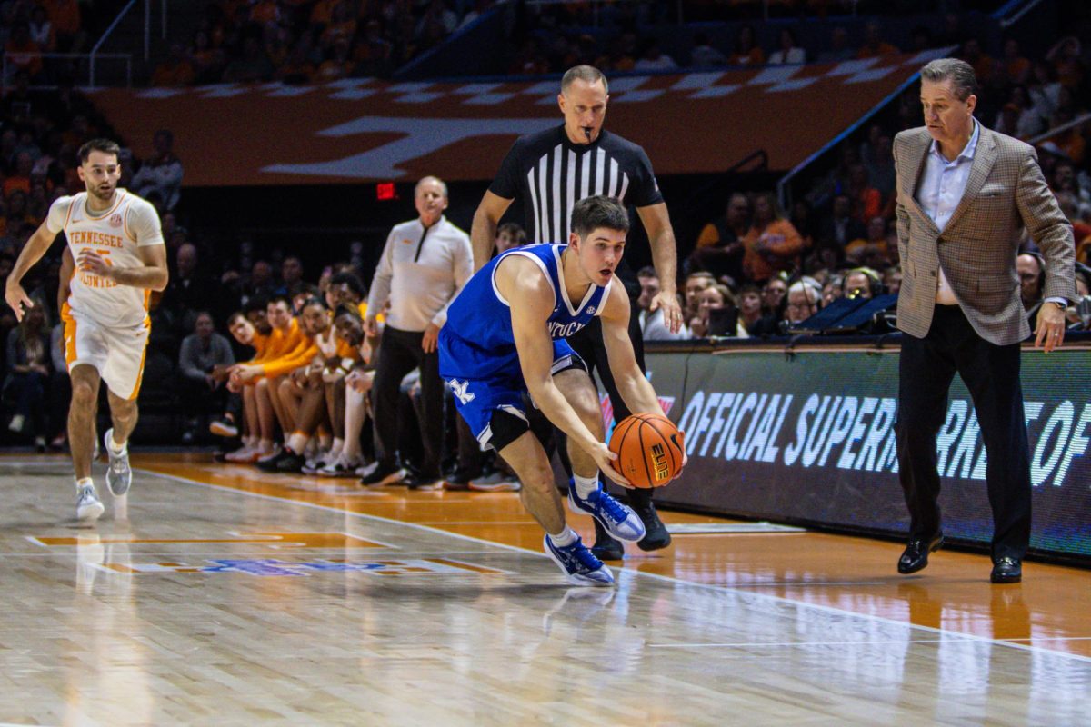 Kentucky guard Reed Sheppard collects loose ball during the Kentucky men’s basketball game vs. Tennessee on Saturday, March 9, 2024, at the Food City Center in Knoxville, Tennessee. Kentucky won 85-81. Photo by Isaiah Pinto | Staff