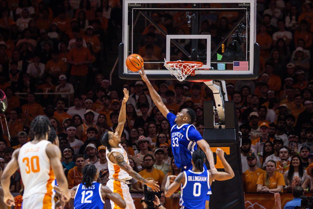 Kentucky forward Ugonna Onyenso blocks a shot during the Kentucky men’s basketball game vs. Tennessee on Saturday, March 9, 2024, at the Food City Center in Knoxville, Tennessee. Kentucky won 85-81. Photo by Isaiah Pinto | Staff
