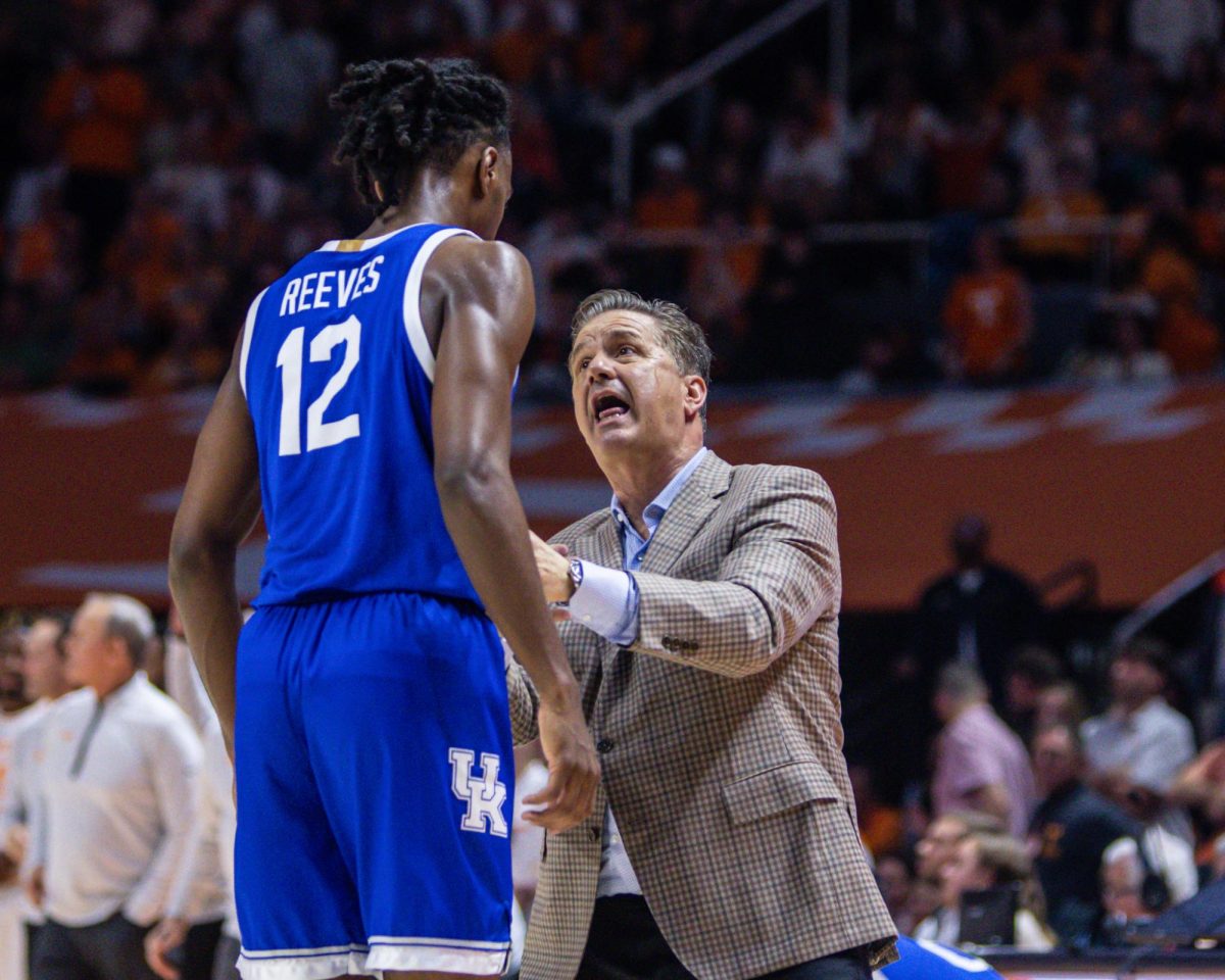 Kentucky head coach John Caliper instructs guard Antonio Reeves during the Kentucky men’s basketball game vs. Tennessee on Saturday, March 9, 2024, at the Food City Center in Knoxville, Tennessee. Kentucky won 85-81. Photo by Isaiah Pinto | Staff
