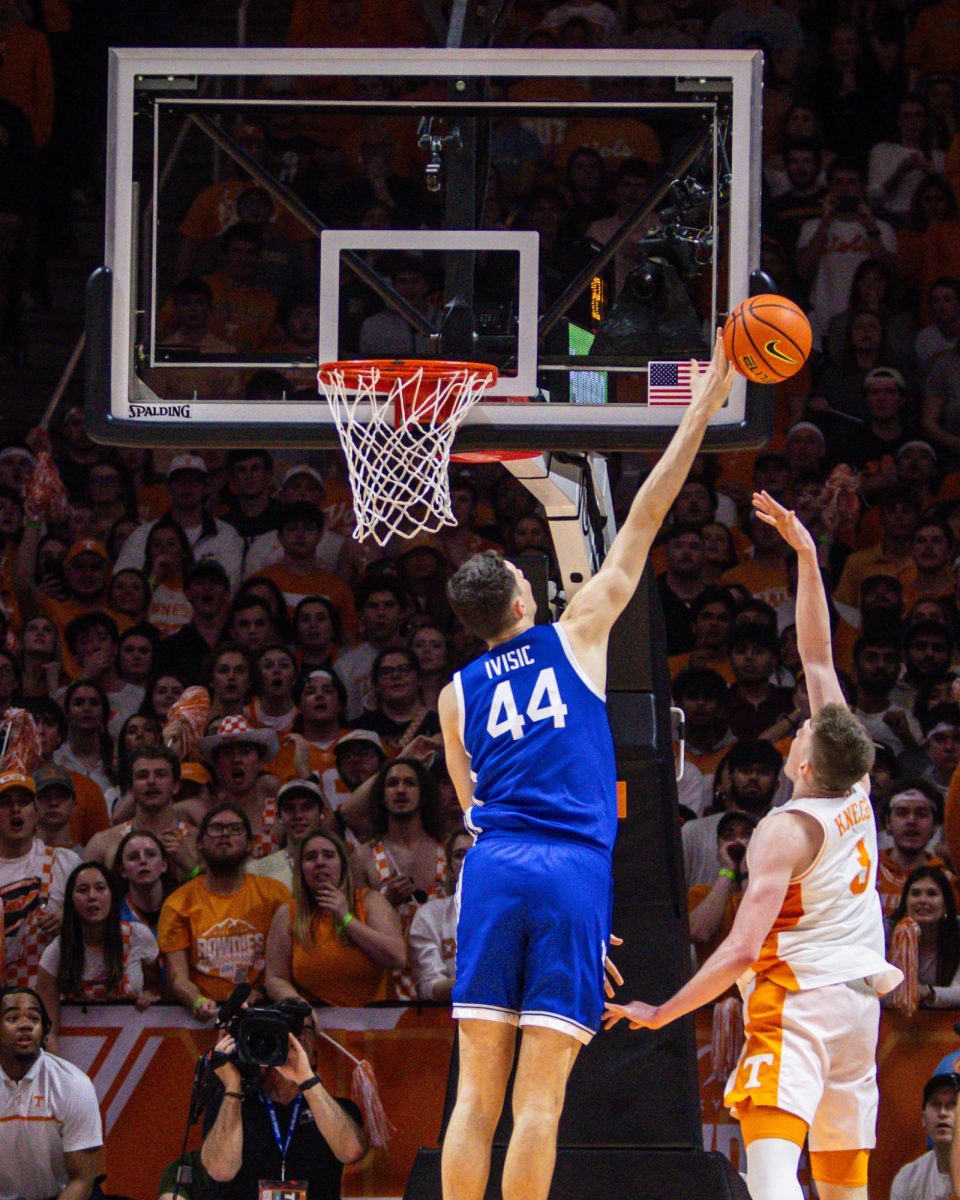 Kentucky forward Zvonimir Ivisic blocks a shot during the Kentucky men’s basketball game vs. Tennessee on Saturday, March 9, 2024, at the Food City Center in Knoxville, Tennessee. Kentucky won 85-81. Photo by Isaiah Pinto | Staff