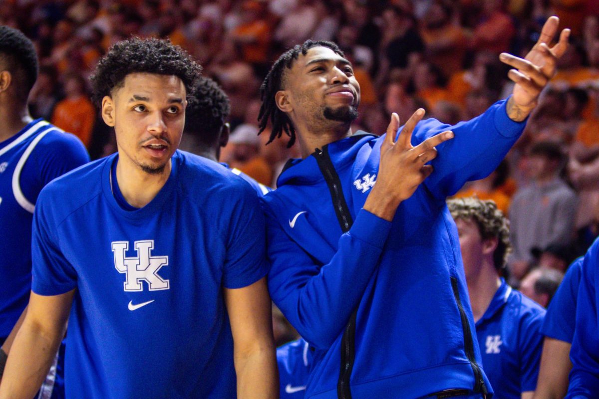 Kentucky forwards Tre Mitchell and Jordan Burks celebrate during the Kentucky men’s basketball game vs. Tennessee on Saturday, March 9, 2024, at the Food City Center in Knoxville, Tennessee. Kentucky won 85-81. Photo by Isaiah Pinto | Staff