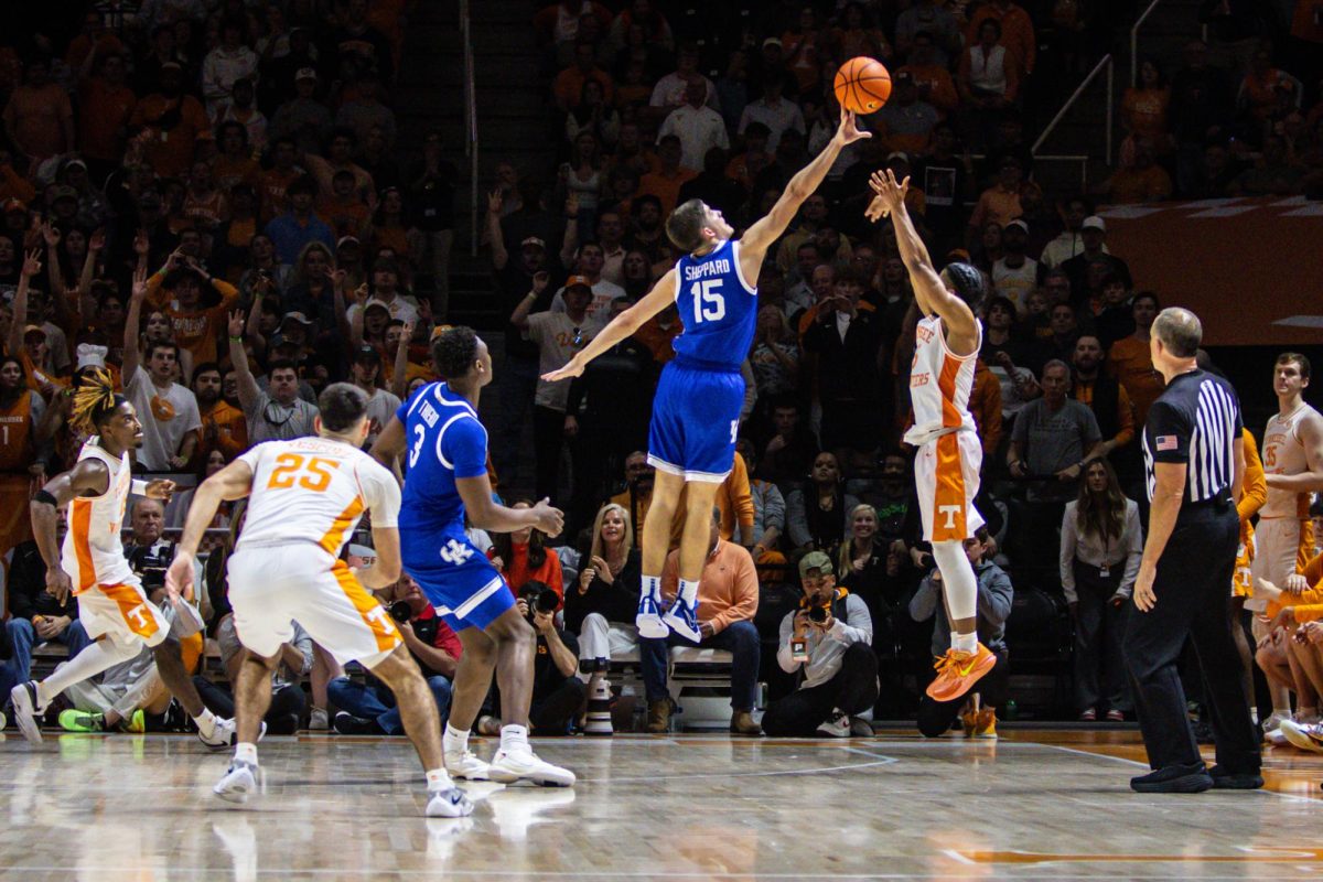 Kentucky guard Reed Sheppard blocks a shot during the Kentucky men’s basketball game vs. Tennessee on Saturday, March 9, 2024, at the Food City Center in Knoxville, Tennessee. Kentucky won 85-81. Photo by Isaiah Pinto | Staff