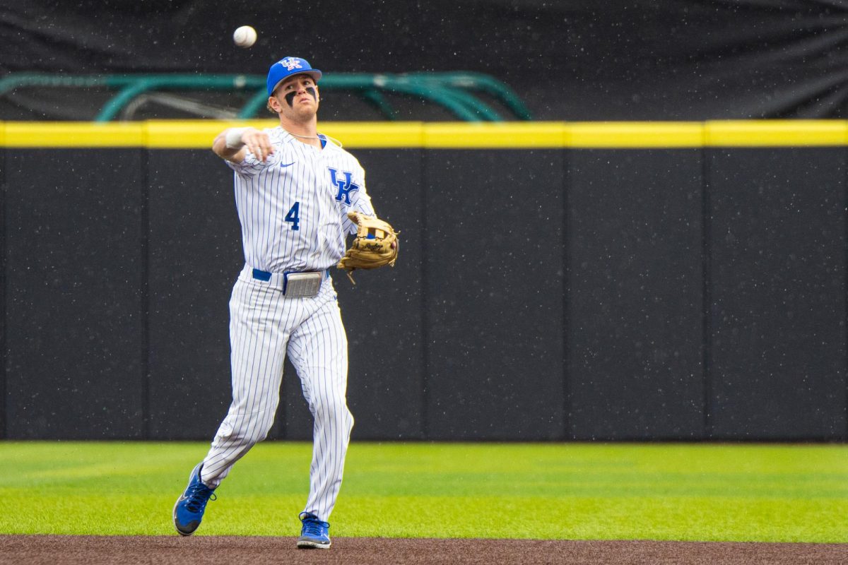 Kentucky Wildcats second baseman Emilien Pitre throws to first base during the Kentucky vs. Eastern Kentucky baseball game on Tuesday, Mar. 5, 2024, at Kentucky Proud Park in Lexington, Kentucky. Kentucky won 10-0. Photo by Isaiah Pinto | Staff
