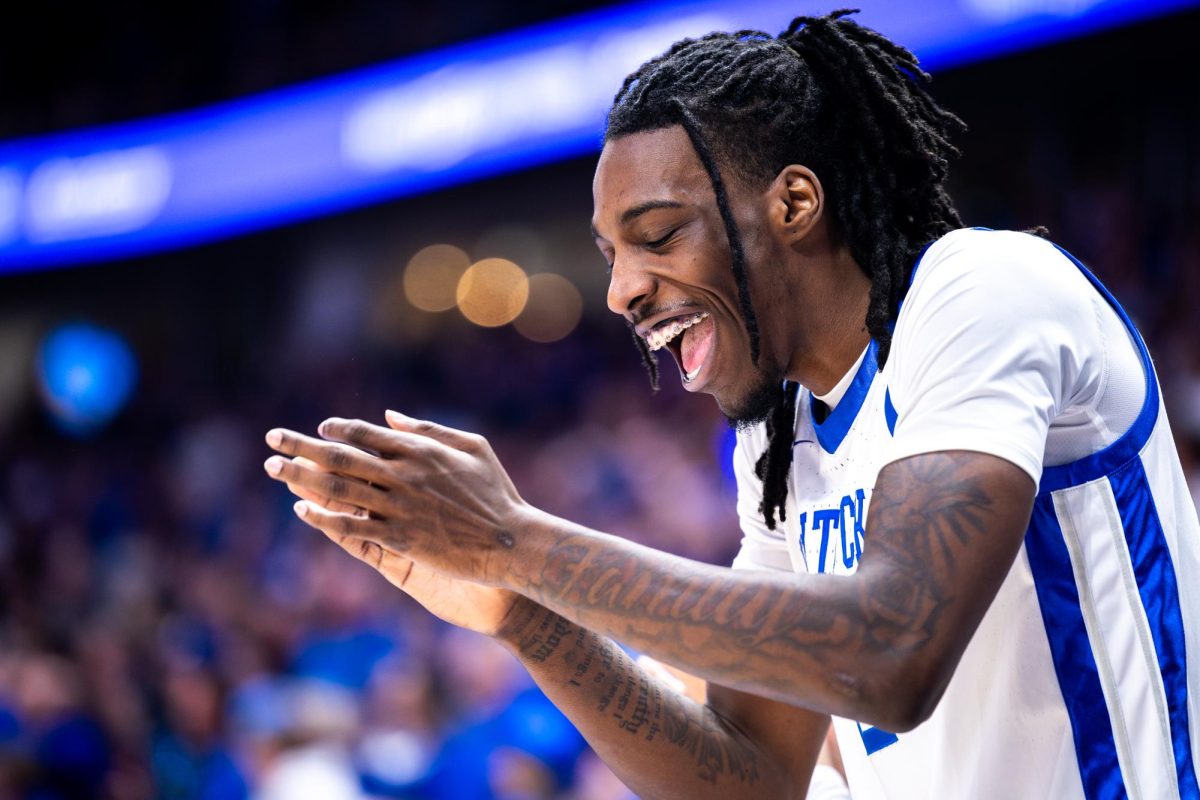 Kentucky forward Aaron Bradshaw (2) celebrates during the No. 2 Kentucky vs. No. 7 Texas A&M mens basketball match in the SEC Tournament quarterfinals on Friday, March 15, 2024, at Bridgestone Arena in Nashville, Tennessee. Kentucky lost 97-87. Photo by Samuel Colmar | Staff