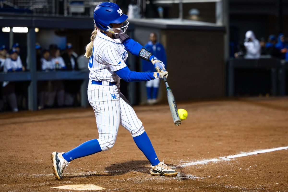 A Kentucky player makes contact with the ball during the No. 21 Kentucky vs. No. 3 LSU softball match on Friday, March 8, 2024, at John Cropp Stadium in Lexington, Kentucky. Kentucky lost 6-2. Photo by Samuel Colmar | Staff