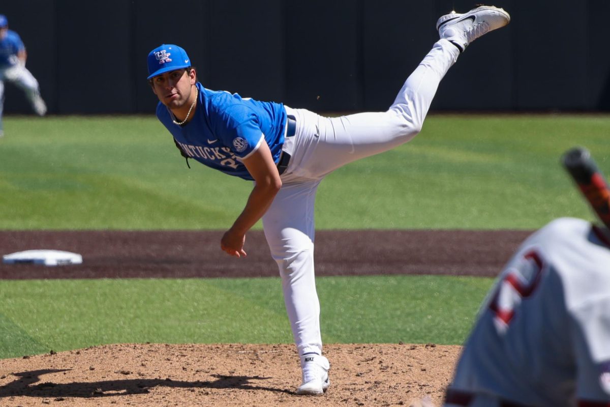 Kentucky pitcher Dominic Niman pitches the ball during the Kentucky vs Alabama baseball game on Saturday, April 6, 2024, at Kentucky Proud Park in Lexington, Kentucky. Kentucky won 7-0. Photo by Sydney Yonker | Staff