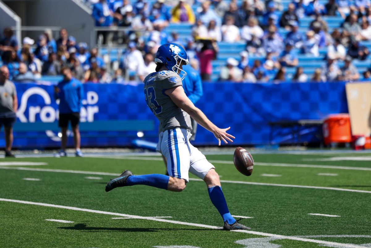 Kentucky punter Wilson Berry kicks the ball during the Kentucky Blue-White Spring football game on Saturday, April 13, 2024, at Kroger Field in Lexington, Kentucky. Photo by Sydney Yonker | Staff