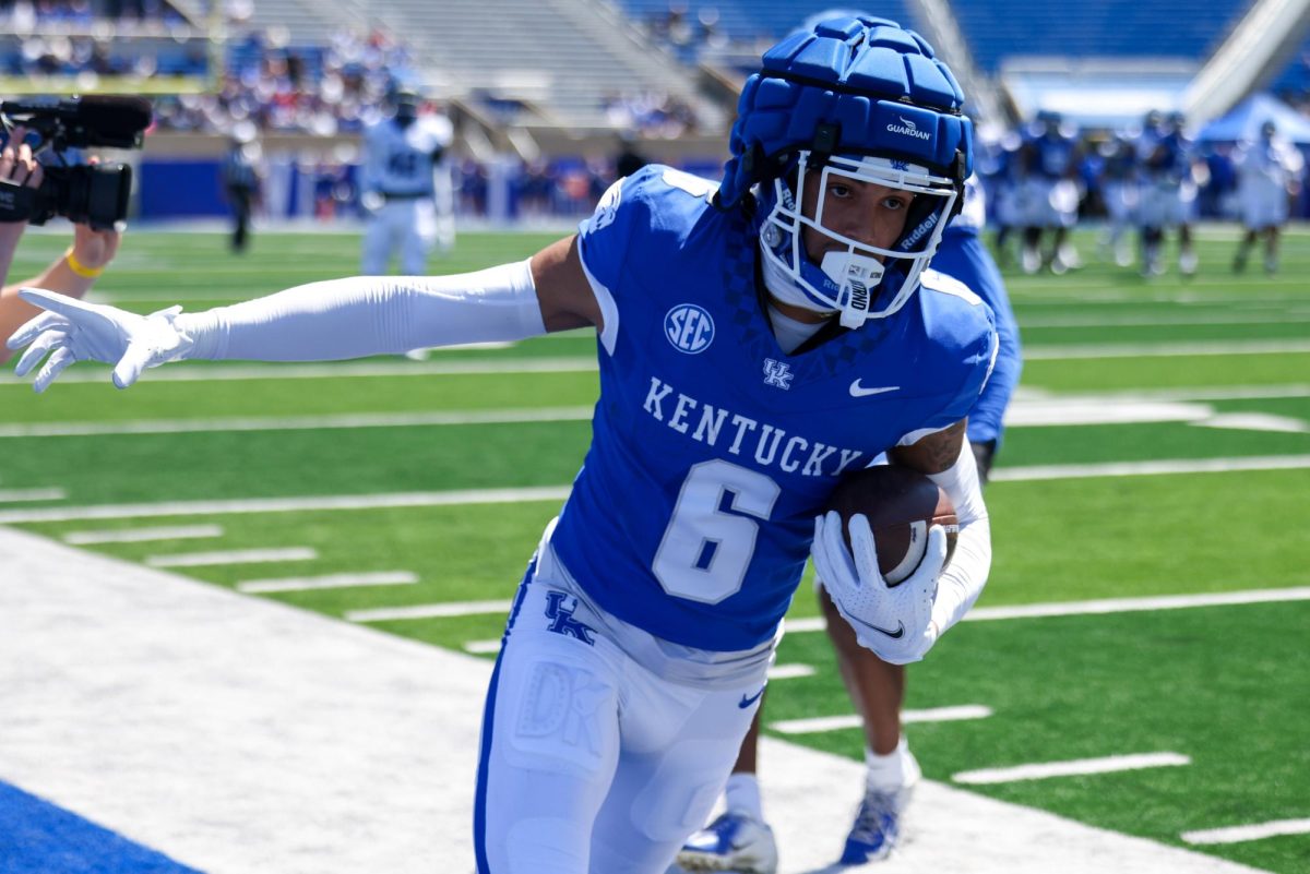 Kentucky wide receiver Dane Key runs out during the Kentucky Blue-White Spring football game on Saturday, April 13, 2024, at Kroger Field in Lexington, Kentucky. Photo by Sydney Yonker | Staff