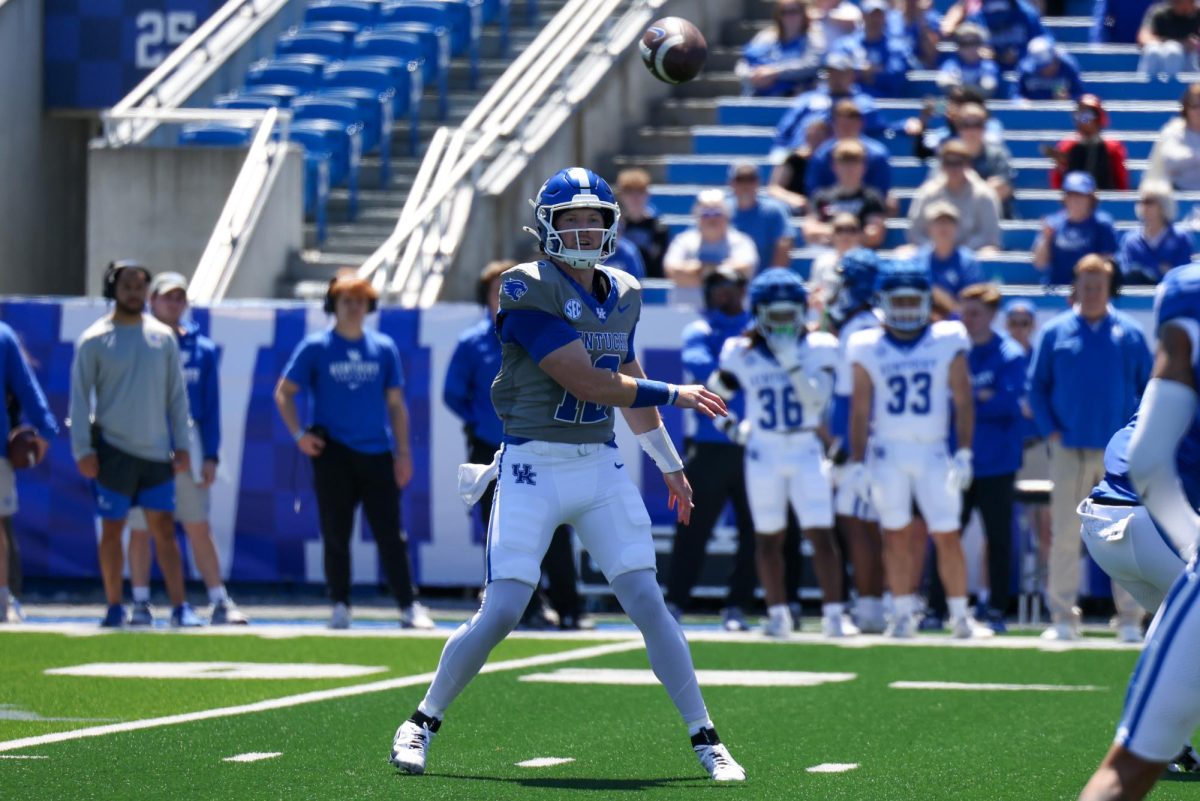 Kentucky quarterback Brock Vandagriff throws the ball during the Kentucky Blue-White Spring football game on Saturday, April 13, 2024, at Kroger Field in Lexington, Kentucky. Photo by Sydney Yonker | Staff