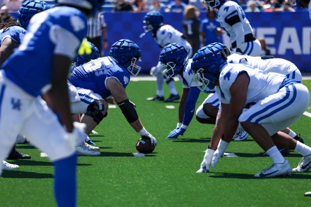 Kentucky white team lines up against Kentucky blue team during the Kentucky Blue-White Spring football game on Saturday, April 13, 2024, at Kroger Field in Lexington, Kentucky. Photo by Sydney Yonker | Staff