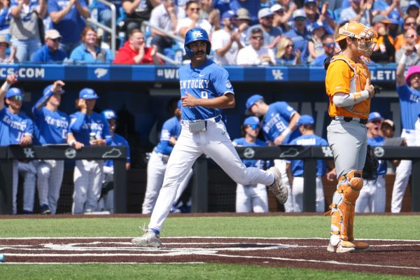 Kentucky infielder Nick Lopez scores at home during the Kentucky vs Tennessee baseball game on Saturday, April 20, 2024 at Kentucky Proud Park in Lexington, Kentucky. Kentucky lost 9-4. Photo by Sydney Yonker | Staff