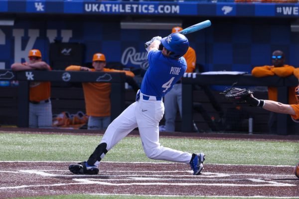 Kentucky infielder Emilien Pitre up to bat during the Kentucky vs Tennessee baseball game on Saturday, April 20, 2024 at Kentucky Proud Park in Lexington, Kentucky. Kentucky lost 9-4. Photo by Sydney Yonker | Staff