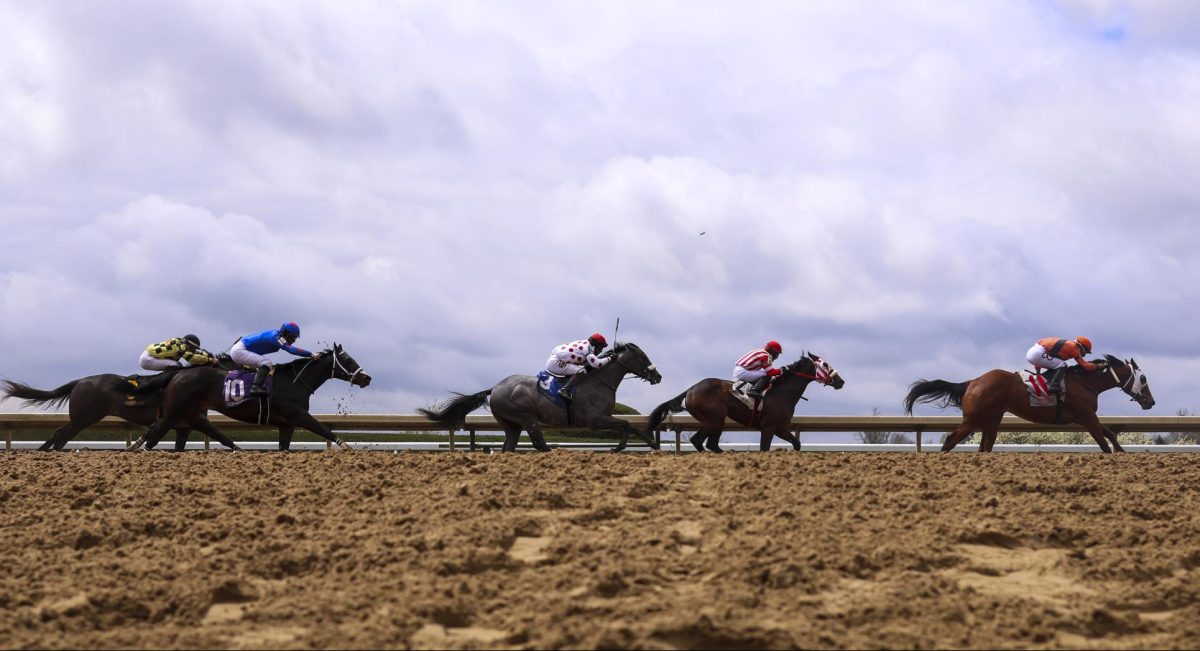 Horses race around the track during the 6th race on opening day during the Spring meet on Friday, April 5, 2024, at Keeneland in Lexington, Kentucky. Photo by Matthew Mueller | Staff