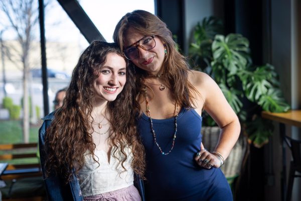 Abbey Cutrer and Laurel Swanz pose for a photo at the KRNL launch party on Saturday, April 6, 2024, at Manchester Coffee in Lexington, Kentucky. They were named the Kentucky Kernel and KRNL editors-in-chief for the 2024-25 school year. Photo by David Stephenson
