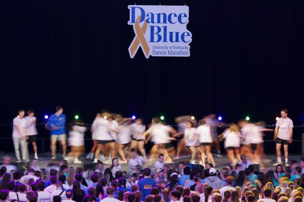 Organizers dance to start the kick-off of Dance Blue on Saturday, April 6, 2024, at the University of Kentucky in Lexington, Kentucky. Photo by Matthew Mueller | Staff