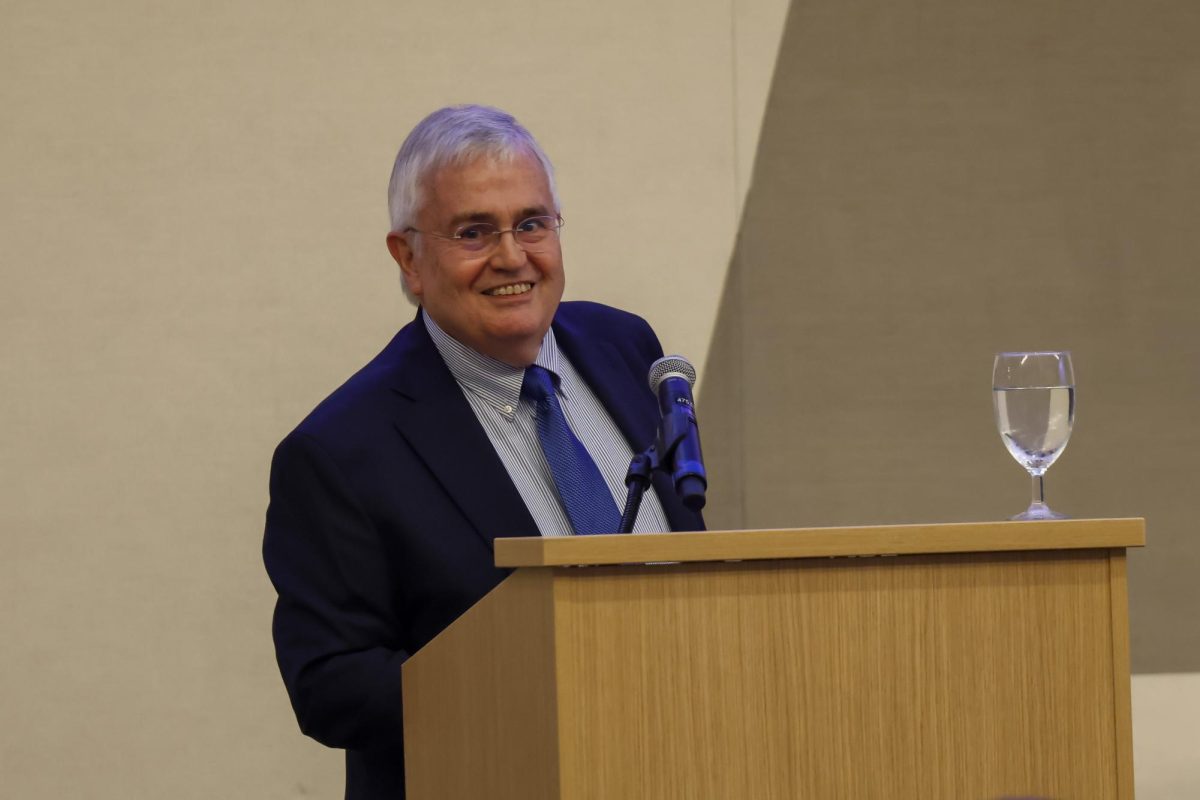 Al Cross smiles during his speech as the Joe Creason Lecturer during this years Kentucky Journalism Hall of Fame induction on Tuesday, April 9, 2024, at University of Kentucky in Lexington, Kentucky. Photo by Matthew Mueller | Staff
