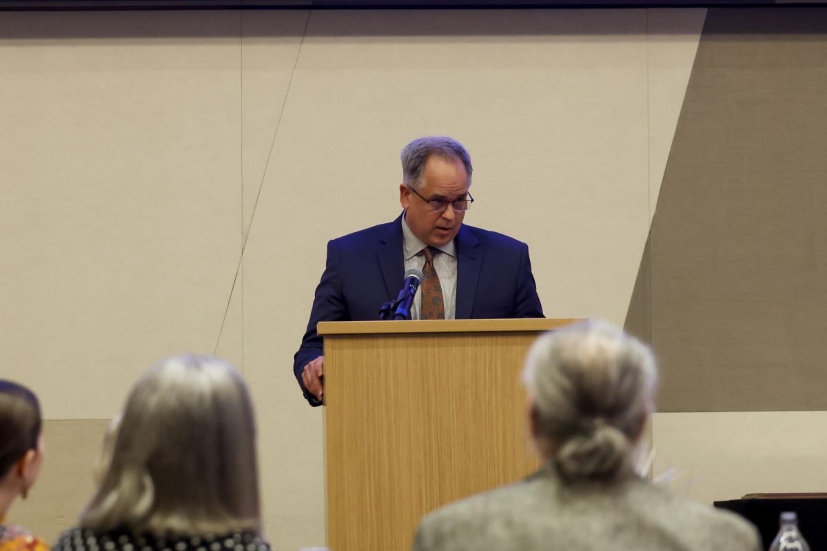 Peter Baniak gives his speech after being inducted into the Kentucky Journalism Hall of Fame on Tuesday, April 9, 2024, at University of Kentucky in Lexington, Kentucky. Photo by Matthew Mueller | Staff