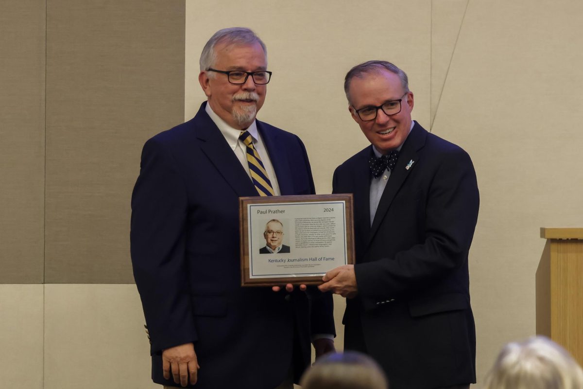 Duane Bonifer and Paul Prather pose for a photo during the Kentucky Journalism Hall of Fame Induction ceremony on Tuesday, April 9, 2024, at University of Kentucky in Lexington, Kentucky. Photo by Matthew Mueller | Staff