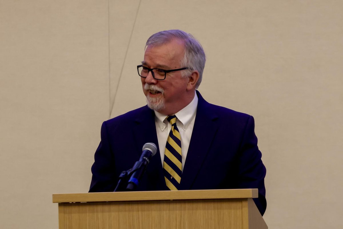 Paul Prather Smiles during his induction speech during the Kentucky Journalism Hall of Fame Induction on Tuesday, April 9, 2024, at University of Kentucky in Lexington, Kentucky. Photo by Matthew Mueller | Staff