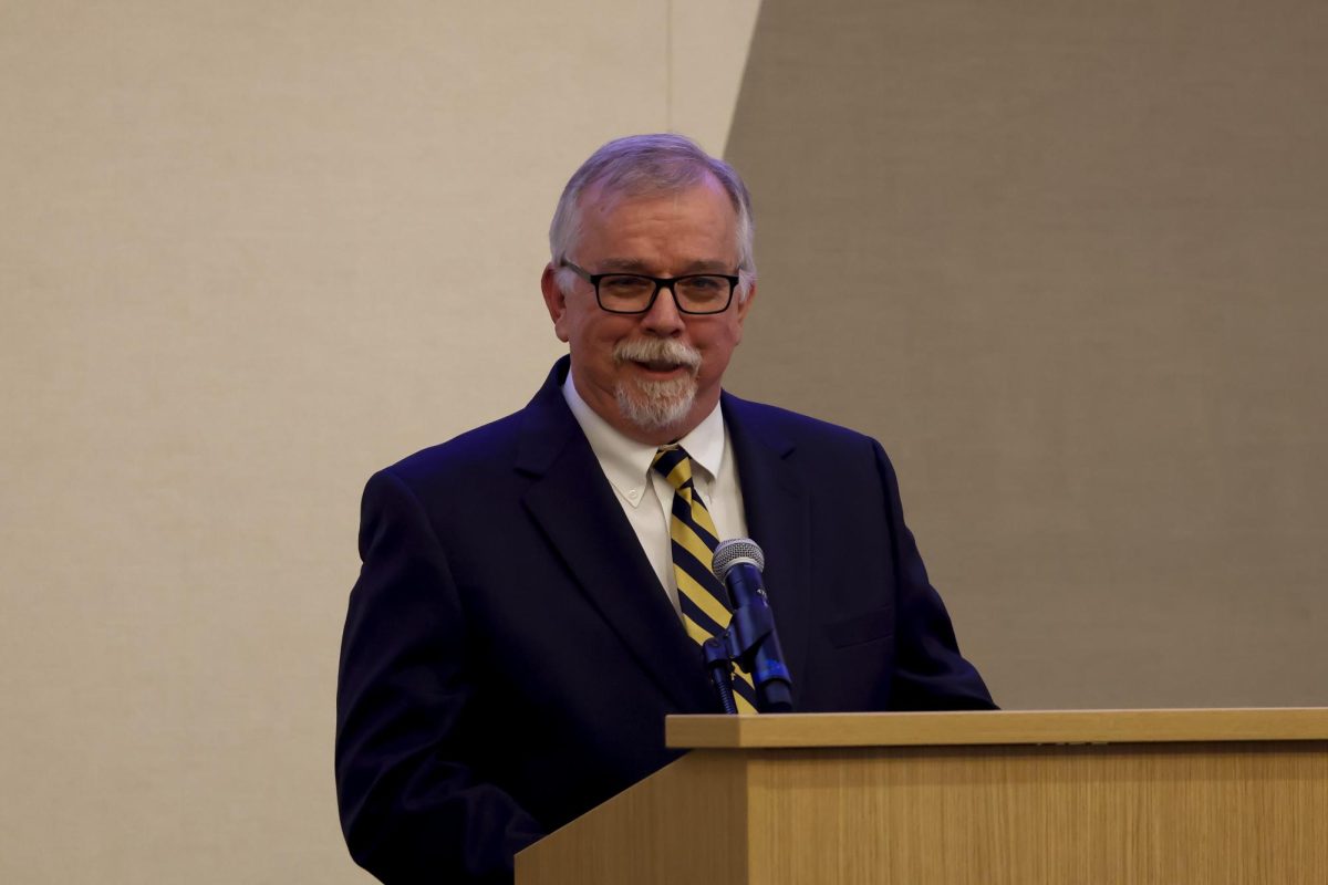 Paul Prather gives his induction speech during the Kentucky Journalism Hall of Fame Induction on Tuesday, April 9, 2024, at University of Kentucky in Lexington, Kentucky. Photo by Matthew Mueller | Staff