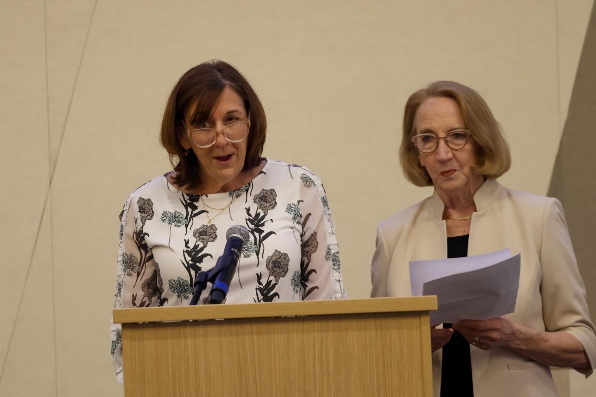 Deborah Yetter and Jean Porter give their remarks on the late Sheldon Shafer during the Kentucky Journalism Hall of Fame induction on Tuesday, April 9, 2024, at University of Kentucky in Lexington, Kentucky. Photo by Matthew Mueller | Staff