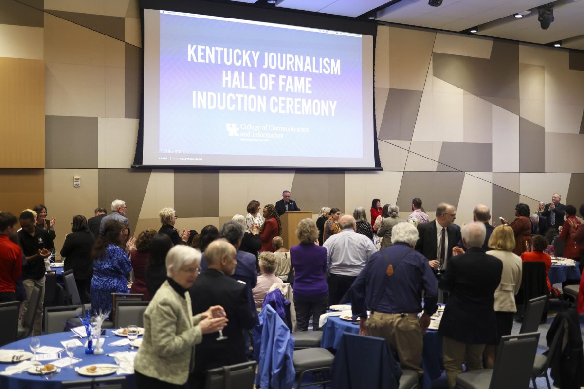 Duane Bonifer gives his opening remarks at the start of the Kentucky Journalism Hall of Fame induction ceremony on Tuesday, April 9, 2024, at University of Kentucky in Lexington, Kentucky. Photo by Matthew Mueller | Staff