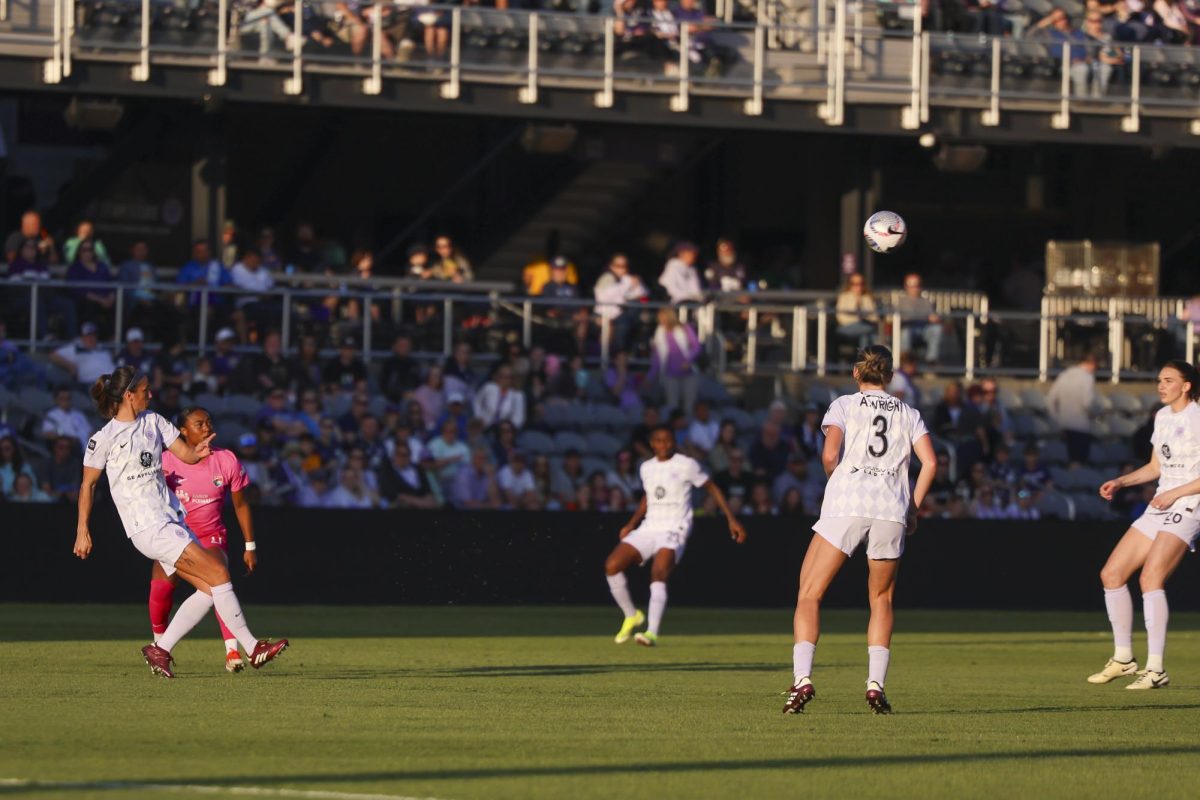 Abby Erceg clears the ball from Racing fc’s side of the pitch on Saturday, April 13, 2024, at Lynn Family Stadium in Louisville, Kentucky. Racing FC tied 0-0 with San Diego Wave.  Photo by Matthew Mueller | Staff