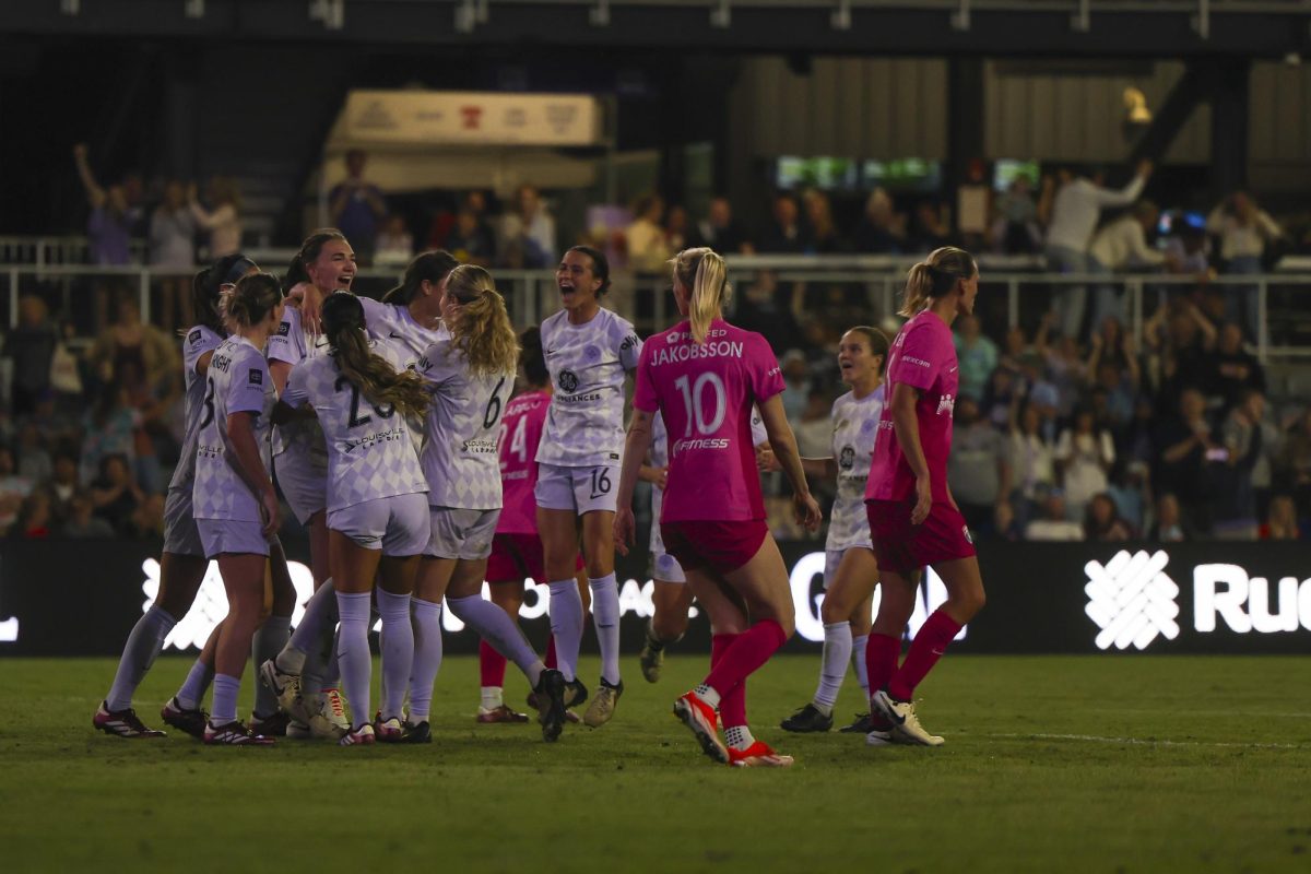 Racing fc celebrates after Taylor Flint heads a ball into the goal, the goal was recalled shortly after it was called offsides on Saturday, April 13, 2024, at Lynn Family Stadium in Louisville, Kentucky. Racing FC tied 0-0 with San Diego Wave.  Photo by Matthew Mueller | Staff
