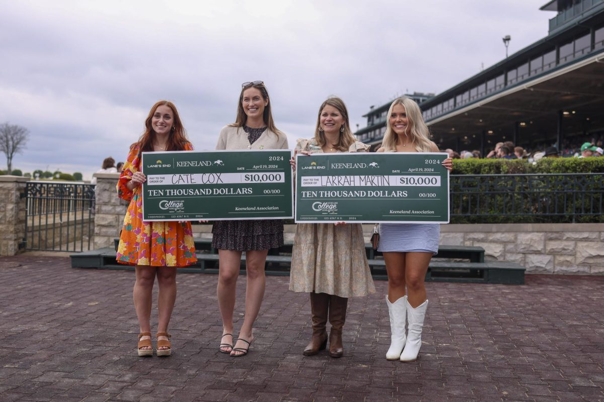 Cate Cox and Larrah Martin both receive scholarships awards on Friday, April 19, 2024, at Keeneland During College day in Lexington, Kentucky. Photo by Matthew Mueller | Staff