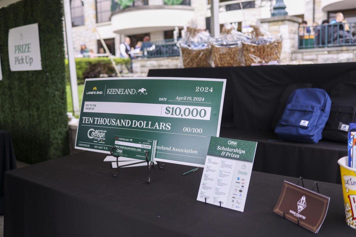 A scholarship check is displayed on Friday, April 19, 2024, at Keeneland During College day in Lexington, Kentucky. Photo by Matthew Mueller | Staff