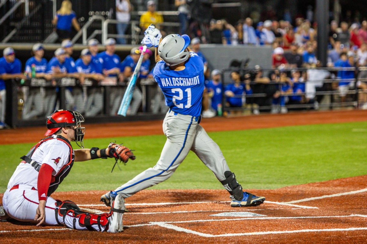 Kentucky outfielder Ryan Waldschmidt swings during the Kentucky vs Louisville baseball game on Tuesday, April 16, 2024, at Jim Patterson Stadium in Louisville, Kentucky. Kentucky won 17-13. Photo by Isaiah Pinto | Staff