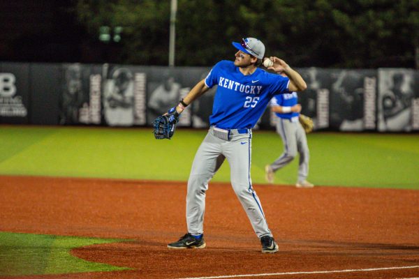 Kentucky infielder Ryan Nicholson winds back to throw during the Kentucky vs Louisville baseball game on Tuesday, April 16, 2024, at Jim Patterson Stadium in Louisville, Kentucky. Kentucky won 17-13. Photo by Isaiah Pinto | Staff
